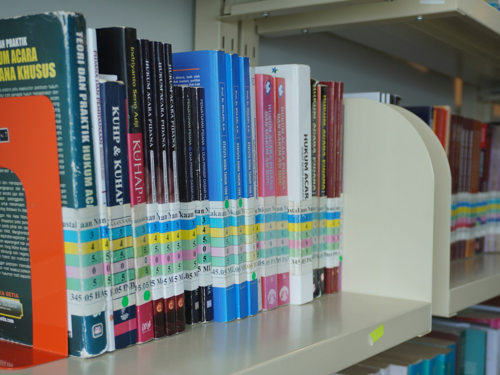 A row of books on a shelf in a library